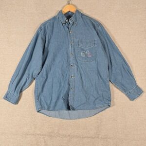 Outrageous Sports Blue Denim Button Down Shirt‎ Rhinestone Cat Yarn Oversized S